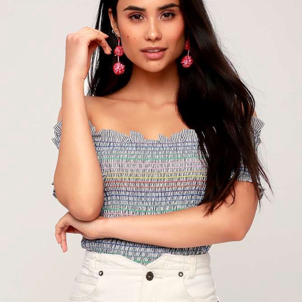 Storia Colorful Smocked off Shoulder Top